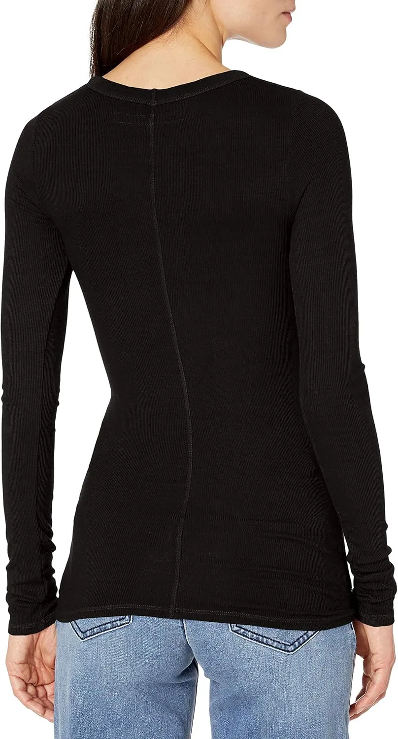 Enza Costa Womens Stretch Silk Rib Fitted Long Sleeve Crew Neck Top