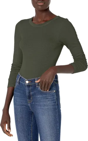 Enza Costa Womens Stretch Silk Rib Fitted Long Sleeve Crew Neck Top