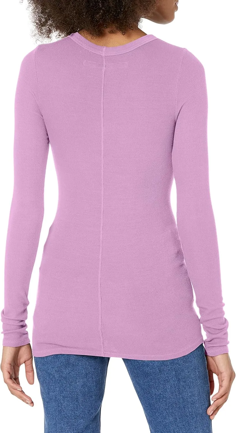 Enza Costa Womens Stretch Silk Rib Fitted Long Sleeve Crew Neck Top