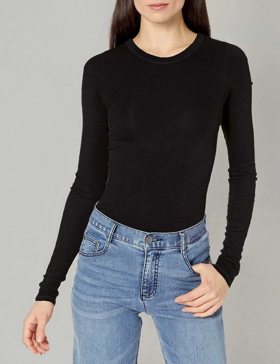 Enza Costa Womens Stretch Silk Rib Fitted Long Sleeve Crew Neck Top