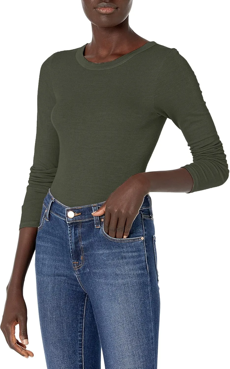 Enza Costa Womens Stretch Silk Rib Fitted Long Sleeve Crew Neck Top