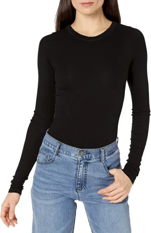 Enza Costa Womens Stretch Silk Rib Fitted Long Sleeve Crew Neck Top