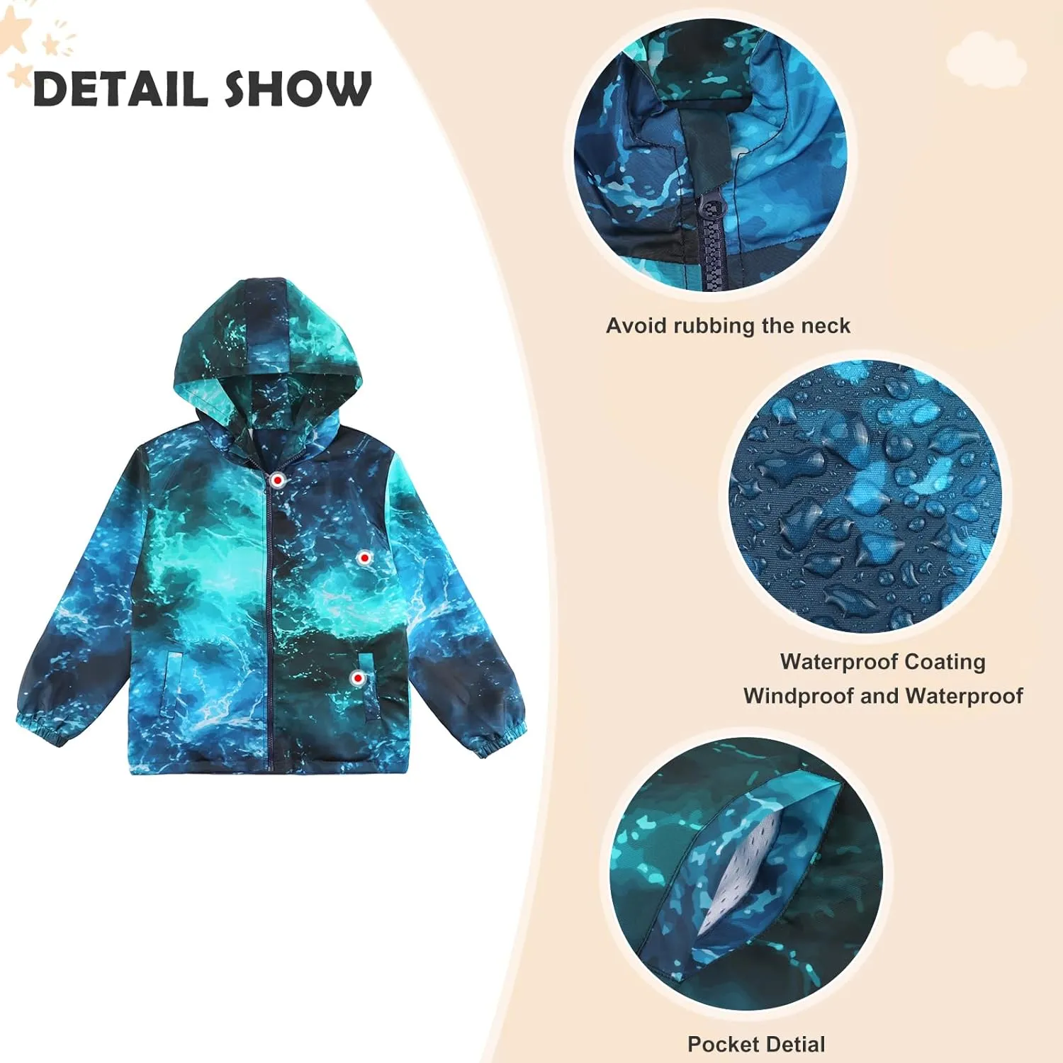 ESTAMICO Boys Windbreaker Jacket Fashion Hoodies Outwear Coat Waterproof Zipper Raincoat, 4T-12