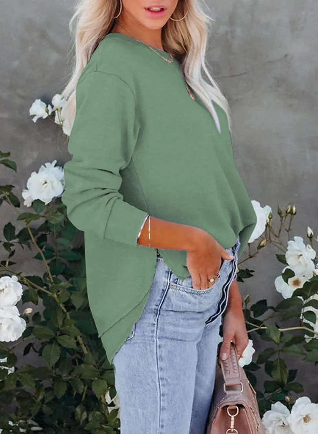 EVALESS Sweatshirt for Women Crewneck Long Sleeve Side Split Tops Casual Solid Color Loose Pullover Shirts 2025 Clothes