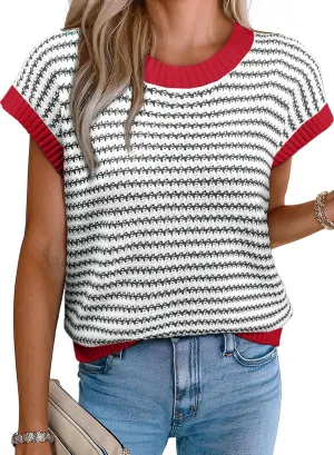 EVALESS Women's Sweater Vest Striped Pullover Tank Top Round Neck Cap Sleeve Lightweight 2025 Summer Casual Clothes