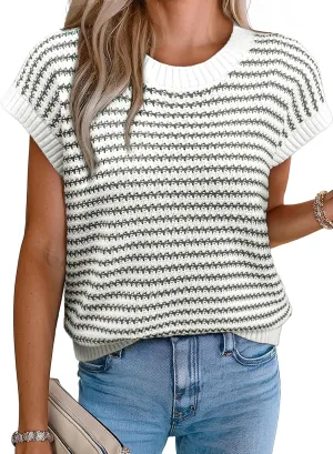 EVALESS Women's Sweater Vest Striped Pullover Tank Top Round Neck Cap Sleeve Lightweight 2025 Summer Casual Clothes