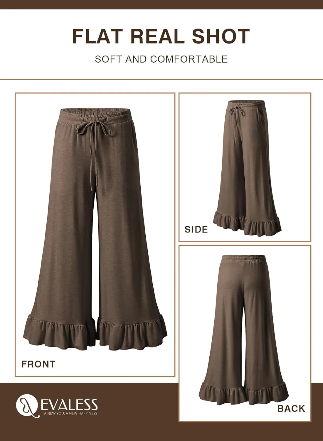 EVALESS Womens Wide Leg Pants Drawstring Elastic High Waisted Ruffle Hem Palazzo Pants with Pockets
