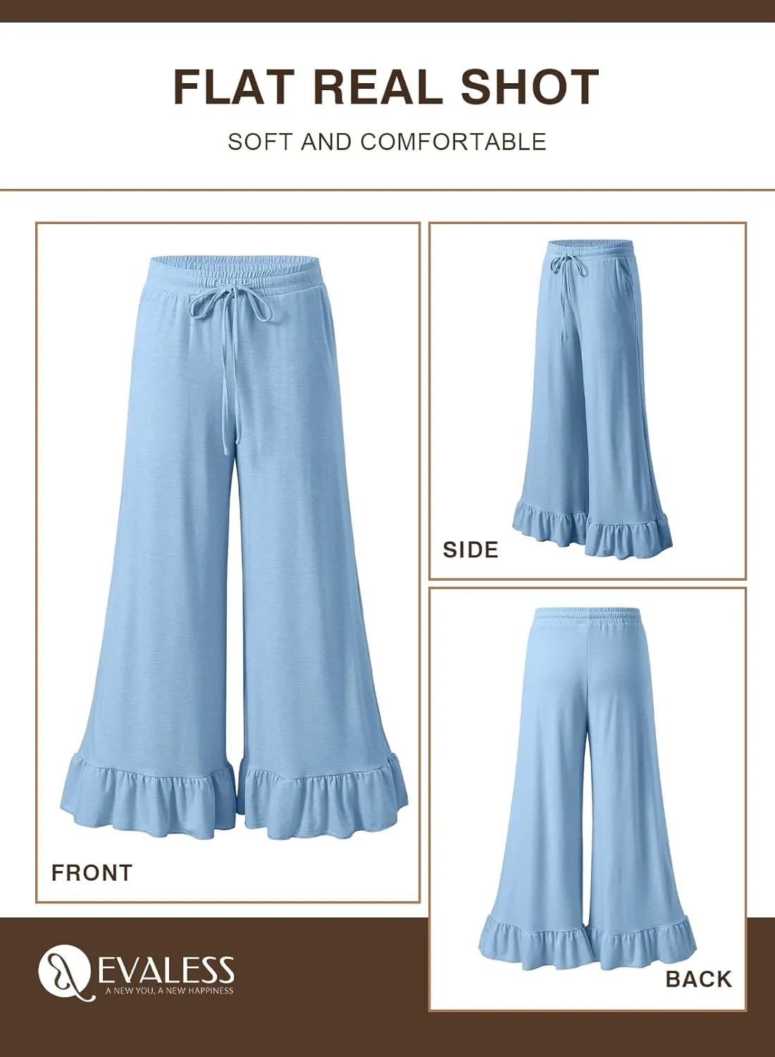 EVALESS Womens Wide Leg Pants Drawstring Elastic High Waisted Ruffle Hem Palazzo Pants with Pockets