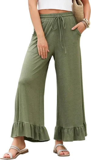 EVALESS Womens Wide Leg Pants Drawstring Elastic High Waisted Ruffle Hem Palazzo Pants with Pockets