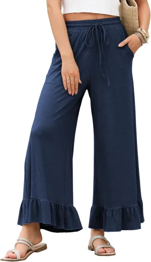 EVALESS Womens Wide Leg Pants Drawstring Elastic High Waisted Ruffle Hem Palazzo Pants with Pockets