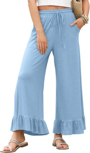 EVALESS Womens Wide Leg Pants Drawstring Elastic High Waisted Ruffle Hem Palazzo Pants with Pockets