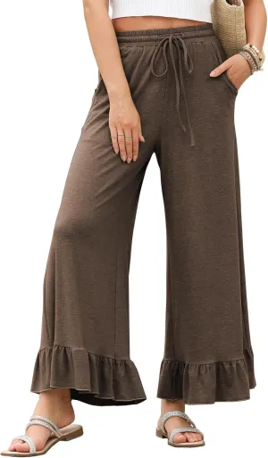 EVALESS Womens Wide Leg Pants Drawstring Elastic High Waisted Ruffle Hem Palazzo Pants with Pockets