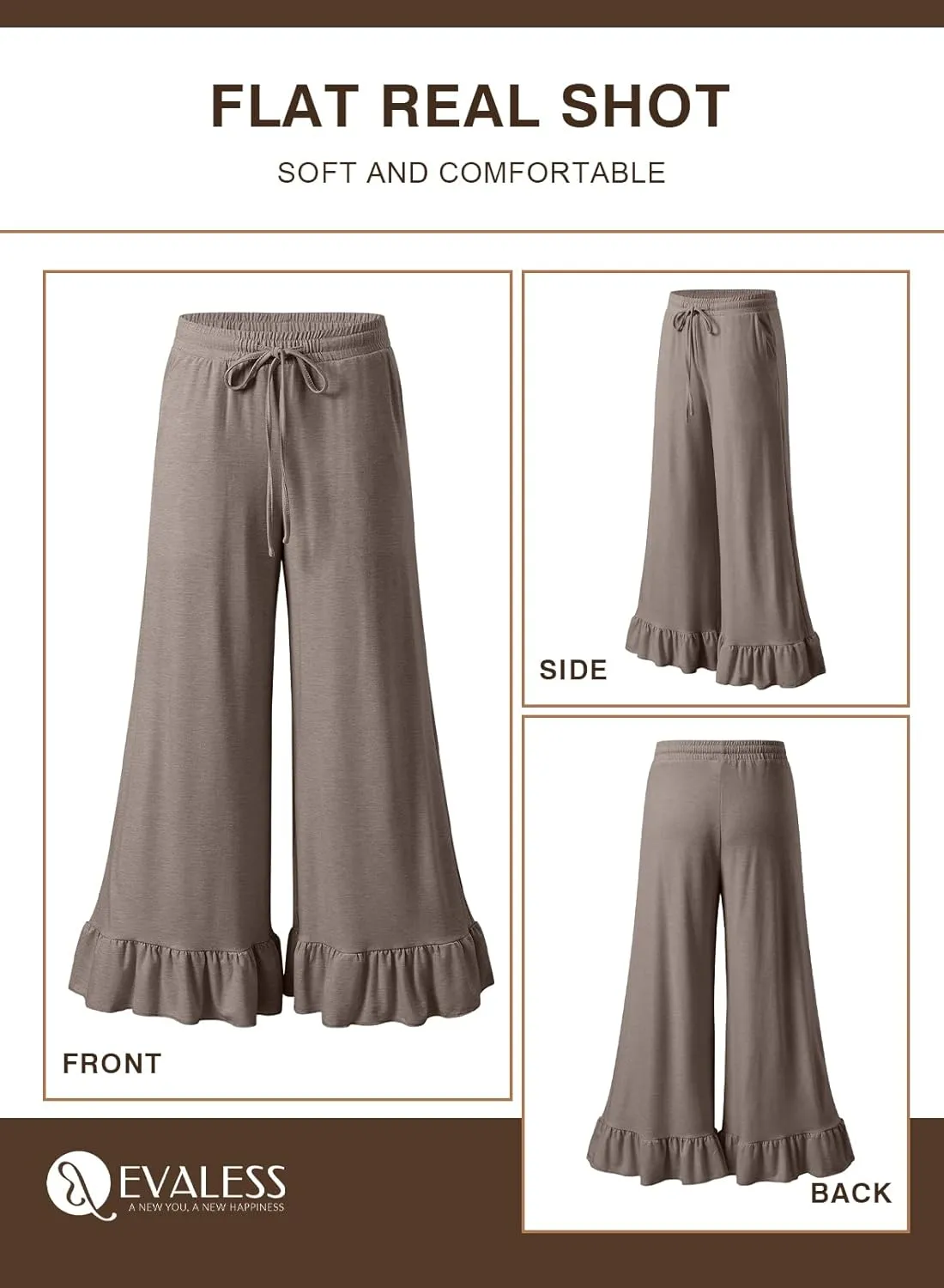 EVALESS Womens Wide Leg Pants Drawstring Elastic High Waisted Ruffle Hem Palazzo Pants with Pockets