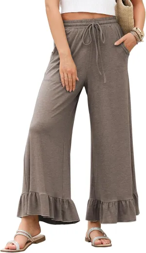 EVALESS Womens Wide Leg Pants Drawstring Elastic High Waisted Ruffle Hem Palazzo Pants with Pockets