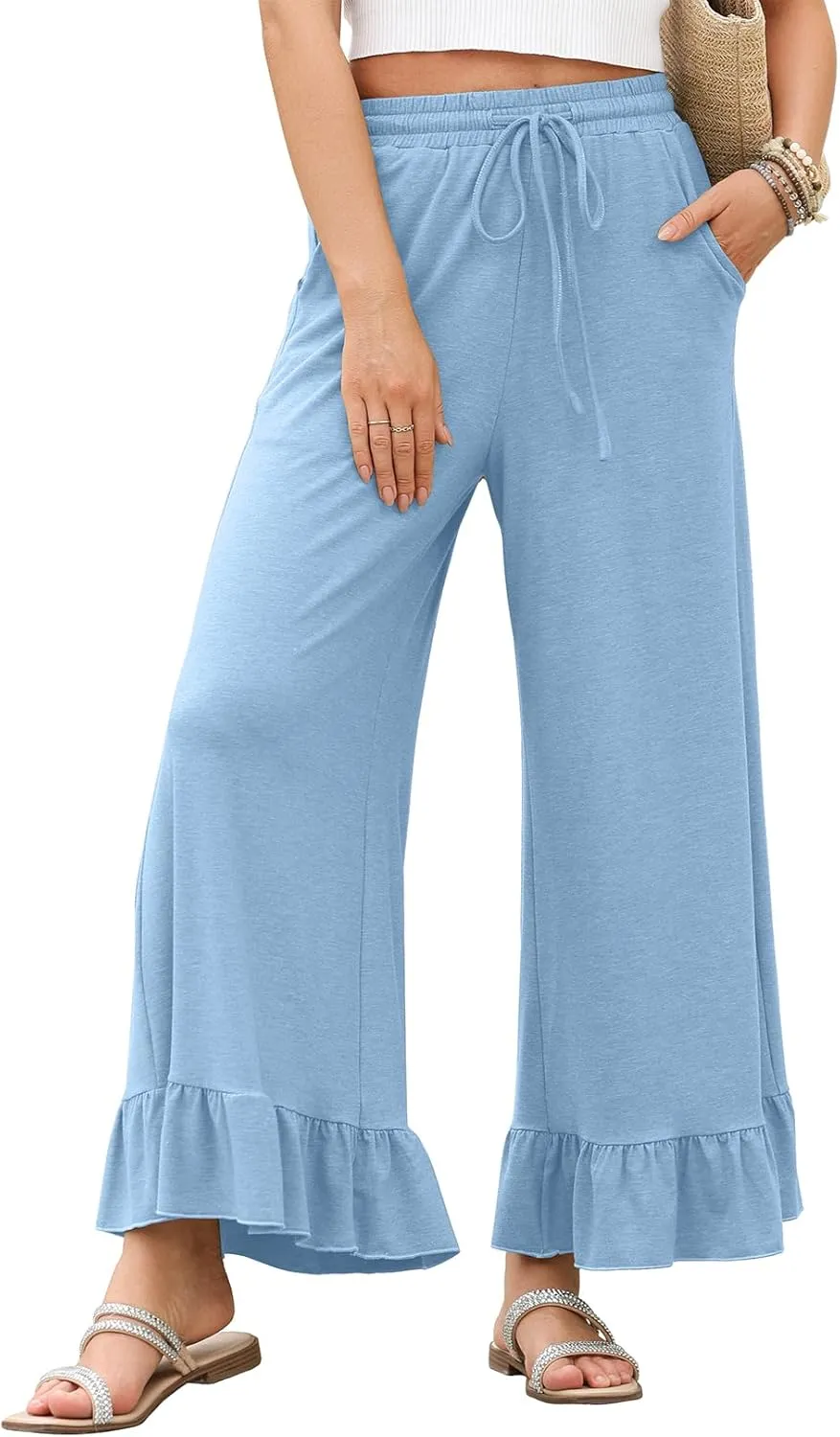 EVALESS Womens Wide Leg Pants Drawstring Elastic High Waisted Ruffle Hem Palazzo Pants with Pockets