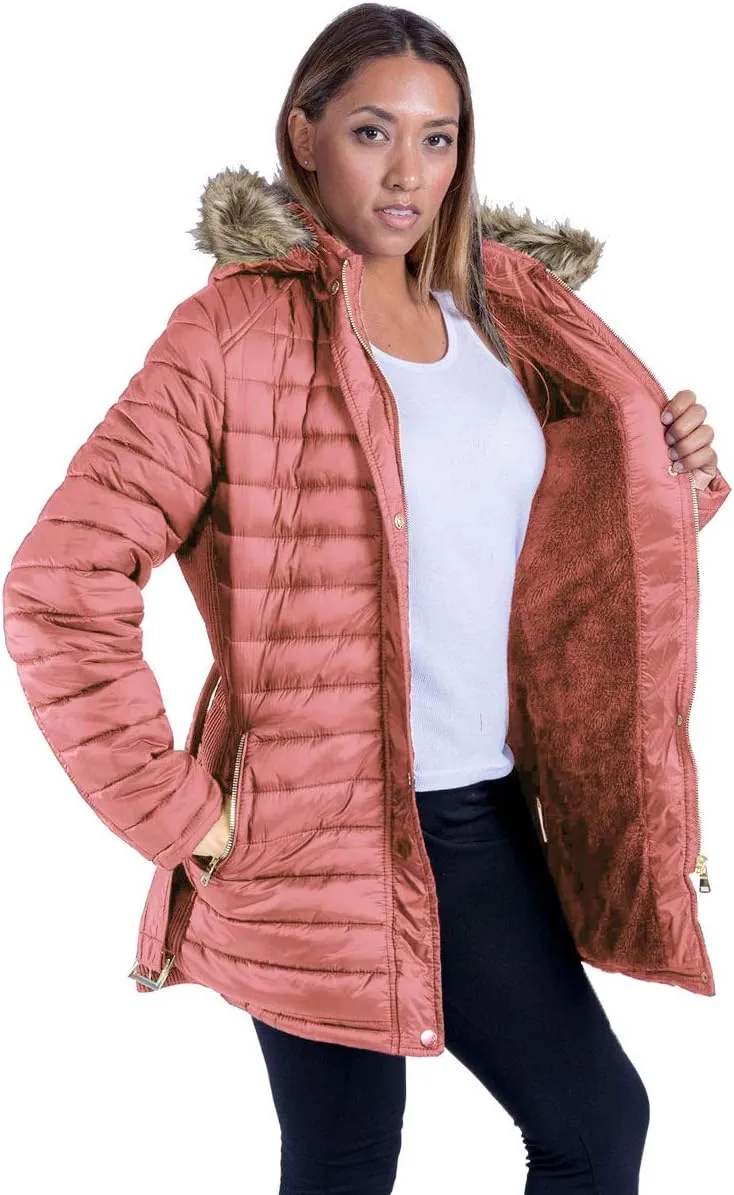 Facitisu Womens Winter Warm Jacket Long Down Faux Fur Hooded Quilted Sherpa Lined Coat
