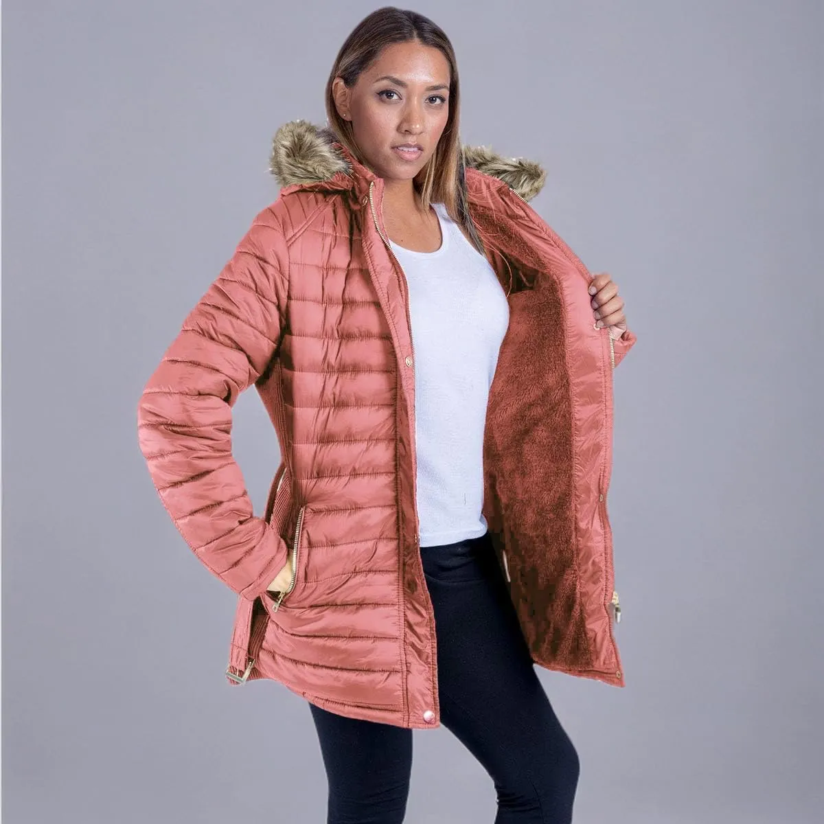 Facitisu Womens Winter Warm Jacket Long Down Faux Fur Hooded Quilted Sherpa Lined Coat