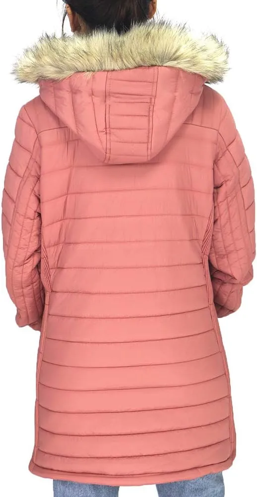 Facitisu Womens Winter Warm Jacket Long Down Faux Fur Hooded Quilted Sherpa Lined Coat