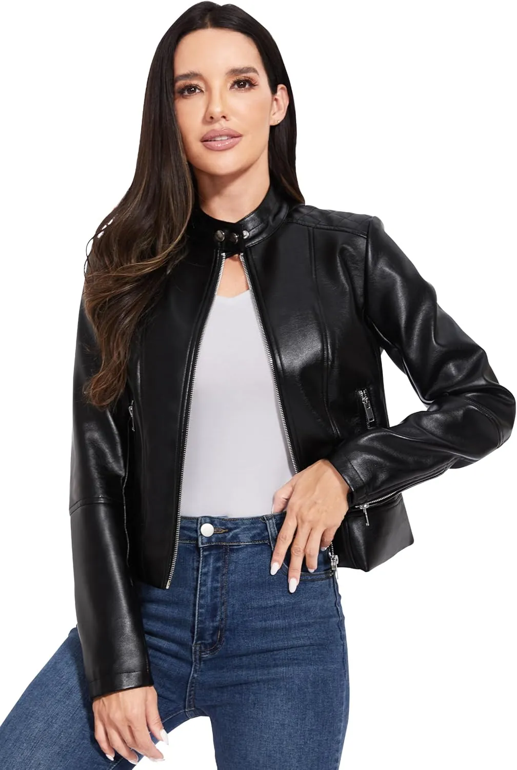 Fahsyee Faux Leather Jacket Women - Cropped Motorcycle Biker Casual Blazer S-XXL