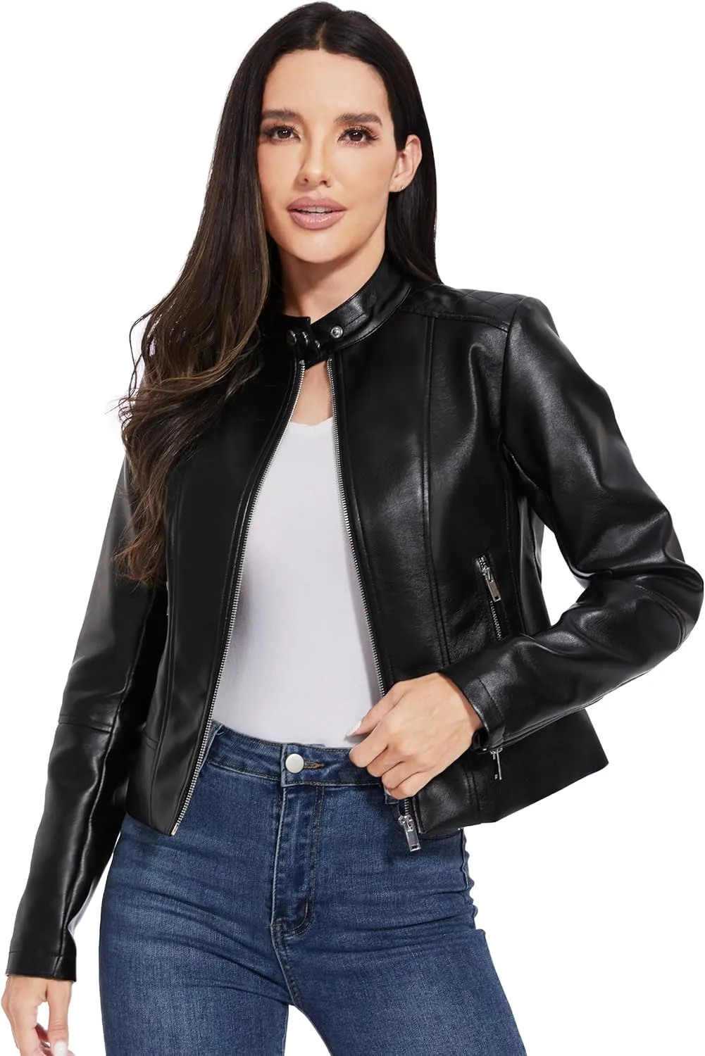 Fahsyee Faux Leather Jacket Women - Cropped Motorcycle Biker Casual Blazer S-XXL