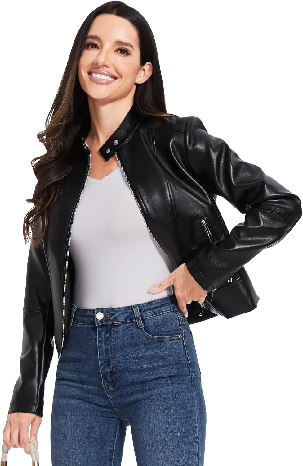 Fahsyee Faux Leather Jacket Women - Cropped Motorcycle Biker Casual Blazer S-XXL