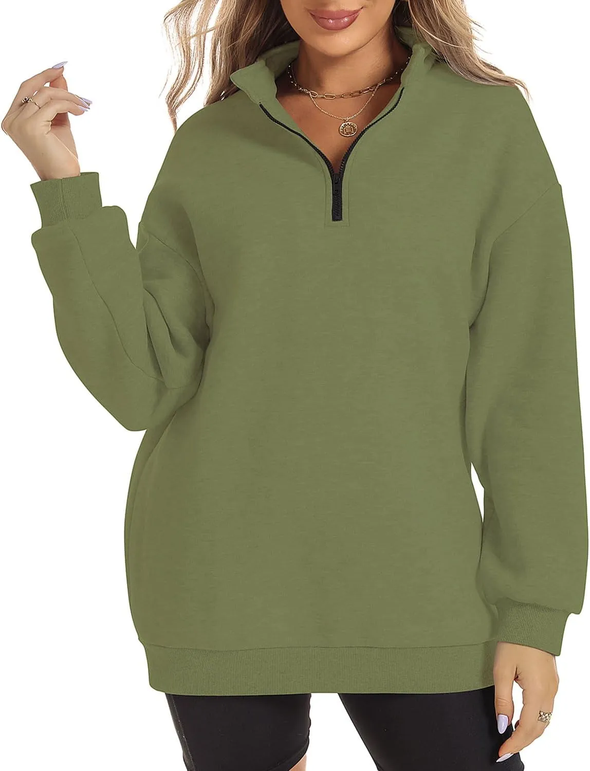 FANCYINN Womens Pullover Oversized Sweatshirt Half Zip Lapel Long Sleeve Drop Shoulder Teen Girls Fleece Sports Tops
