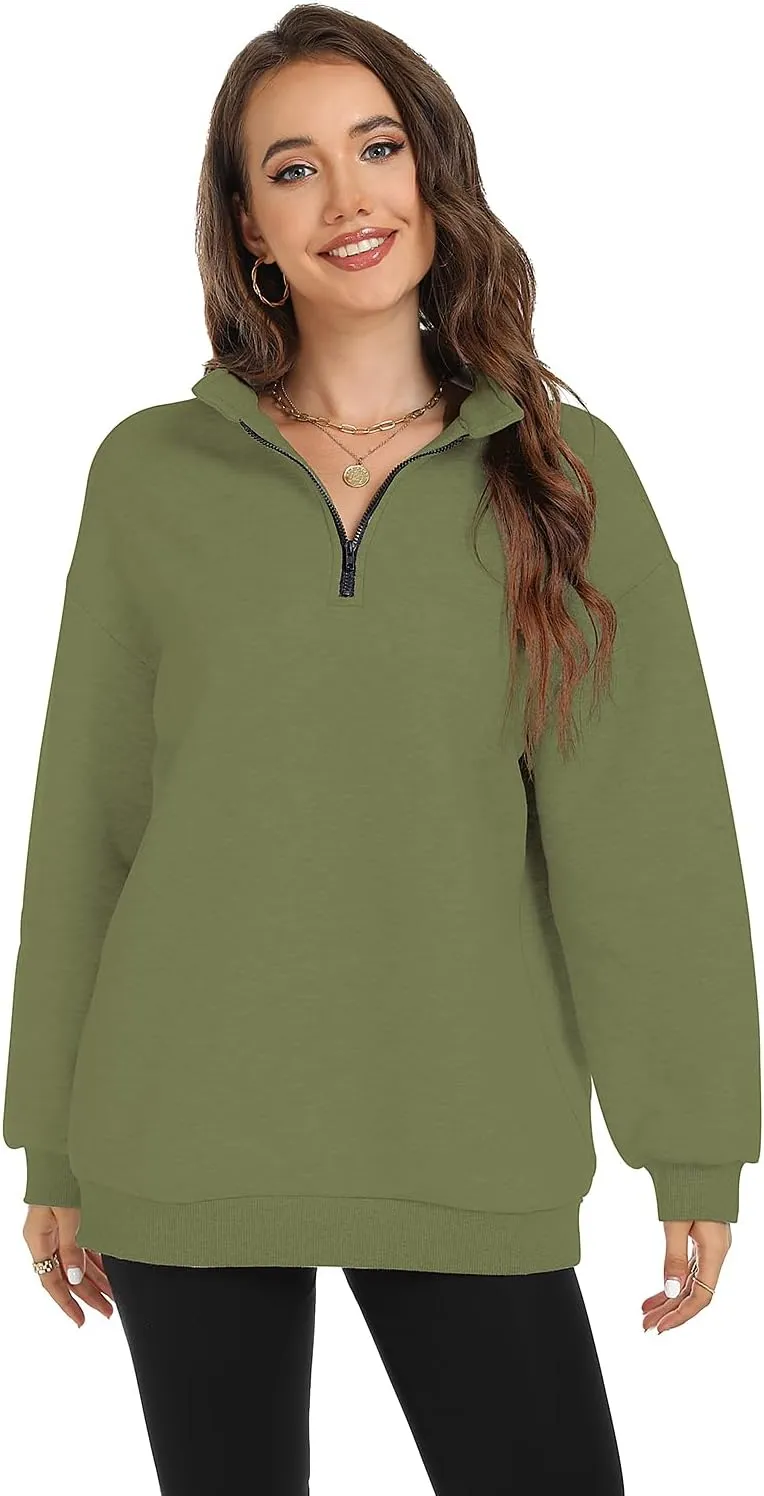 FANCYINN Womens Pullover Oversized Sweatshirt Half Zip Lapel Long Sleeve Drop Shoulder Teen Girls Fleece Sports Tops