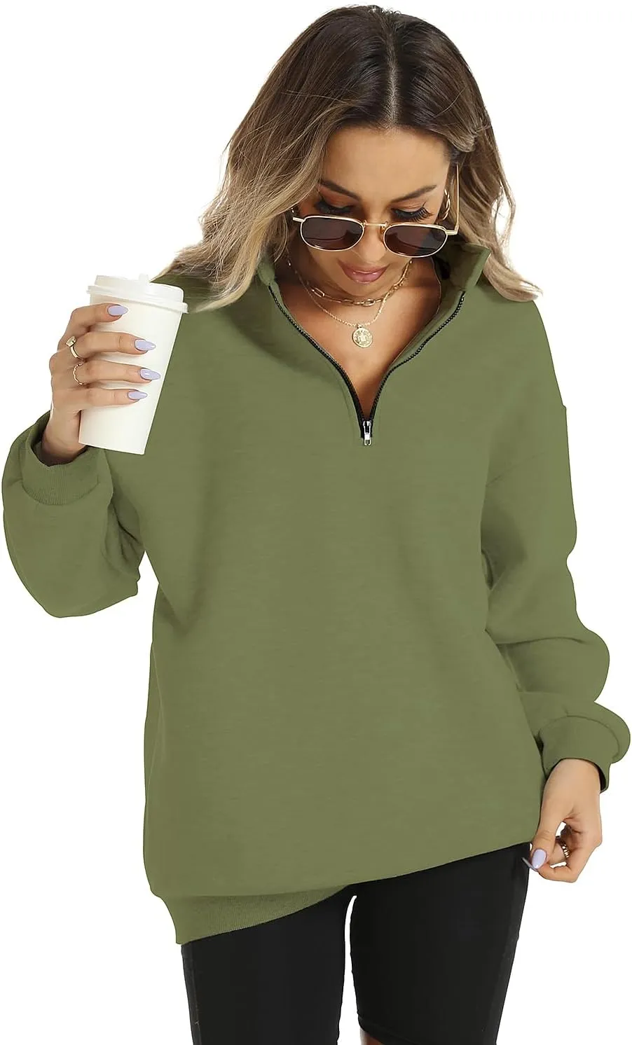 FANCYINN Womens Pullover Oversized Sweatshirt Half Zip Lapel Long Sleeve Drop Shoulder Teen Girls Fleece Sports Tops