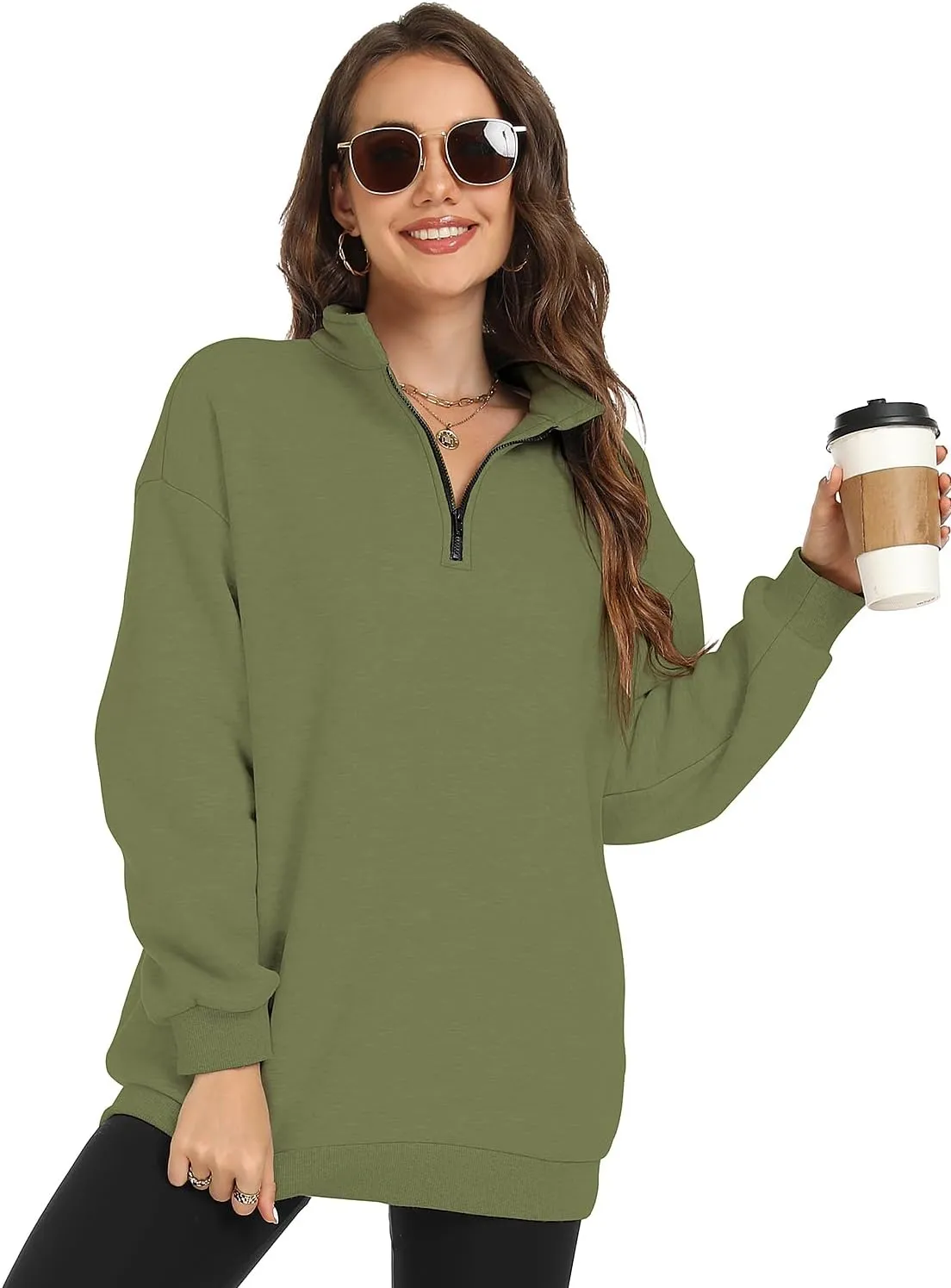 FANCYINN Womens Pullover Oversized Sweatshirt Half Zip Lapel Long Sleeve Drop Shoulder Teen Girls Fleece Sports Tops