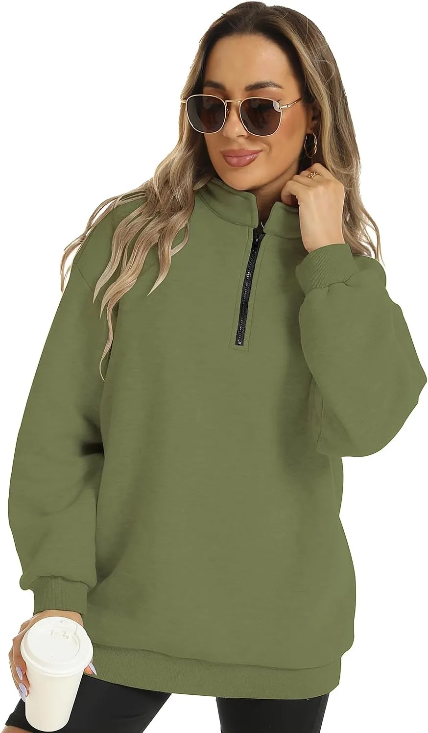 FANCYINN Womens Pullover Oversized Sweatshirt Half Zip Lapel Long Sleeve Drop Shoulder Teen Girls Fleece Sports Tops