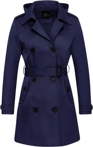 FARVALUE Women's Waterproof Trench Coat Double Breasted Windbreaker Classic Belted Lapel Overcoat with Removable Hood