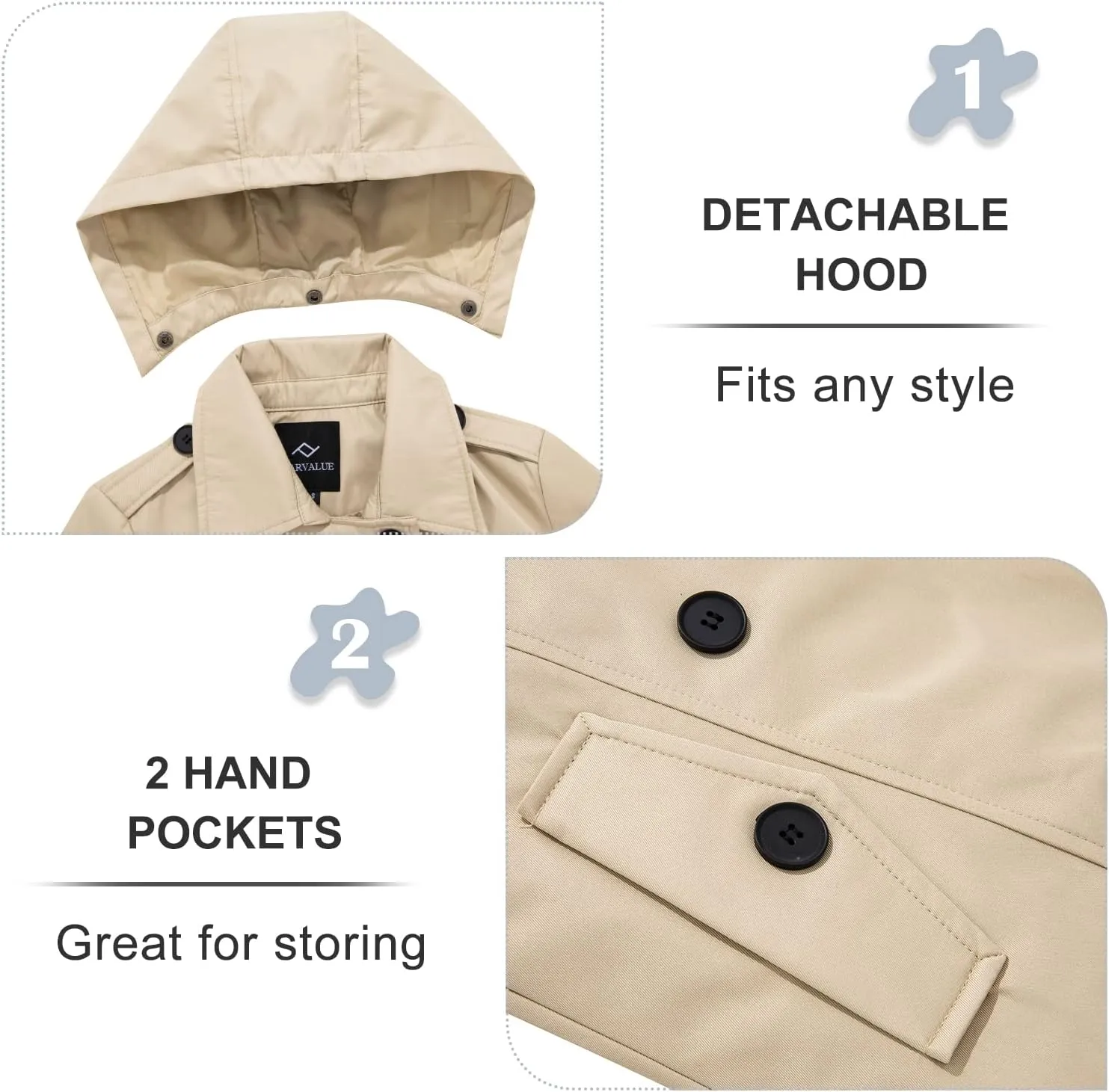 FARVALUE Women's Waterproof Trench Coat Double Breasted Windbreaker Classic Belted Lapel Overcoat with Removable Hood