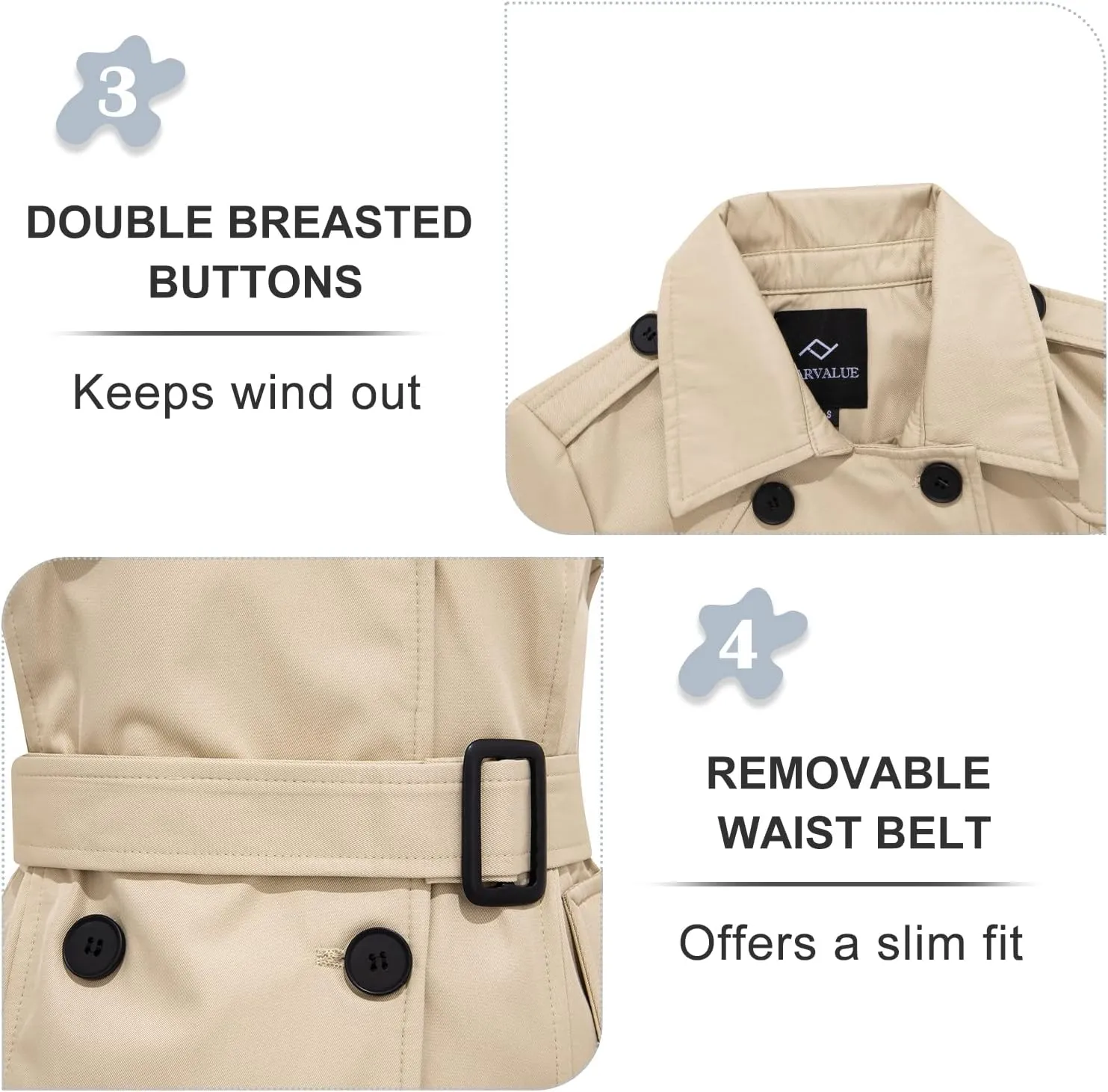 FARVALUE Women's Waterproof Trench Coat Double Breasted Windbreaker Classic Belted Lapel Overcoat with Removable Hood