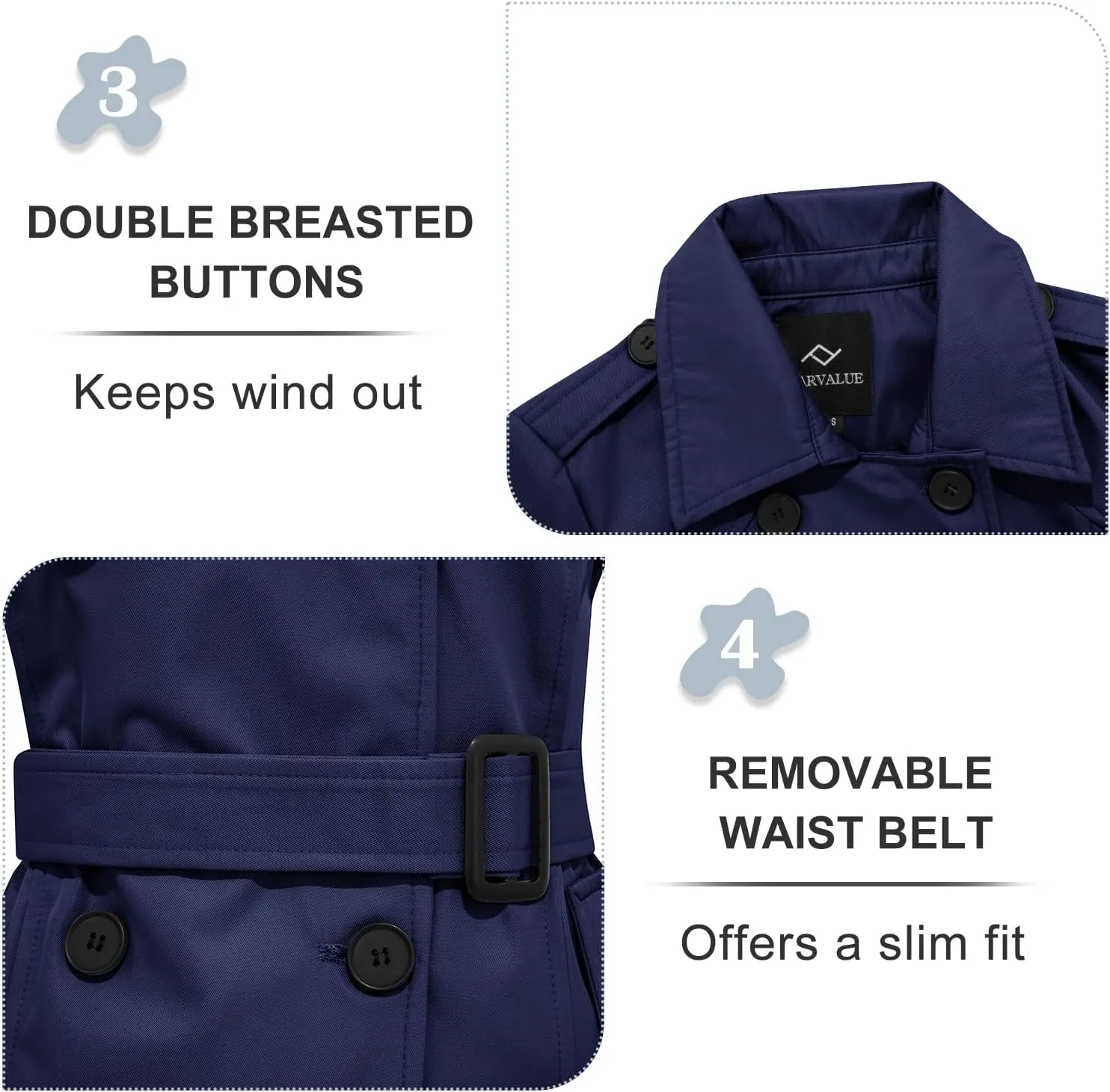 FARVALUE Women's Waterproof Trench Coat Double Breasted Windbreaker Classic Belted Lapel Overcoat with Removable Hood