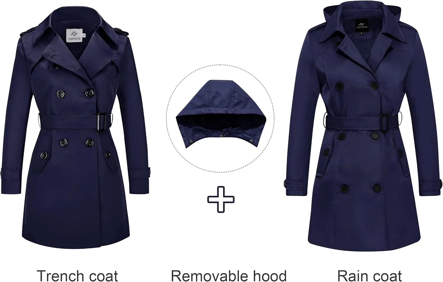 FARVALUE Women's Waterproof Trench Coat Double Breasted Windbreaker Classic Belted Lapel Overcoat with Removable Hood