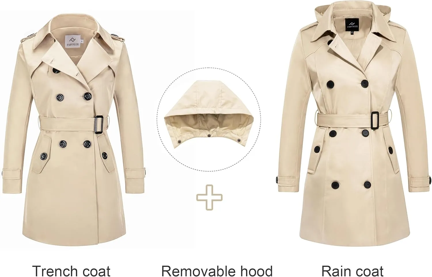 FARVALUE Women's Waterproof Trench Coat Double Breasted Windbreaker Classic Belted Lapel Overcoat with Removable Hood