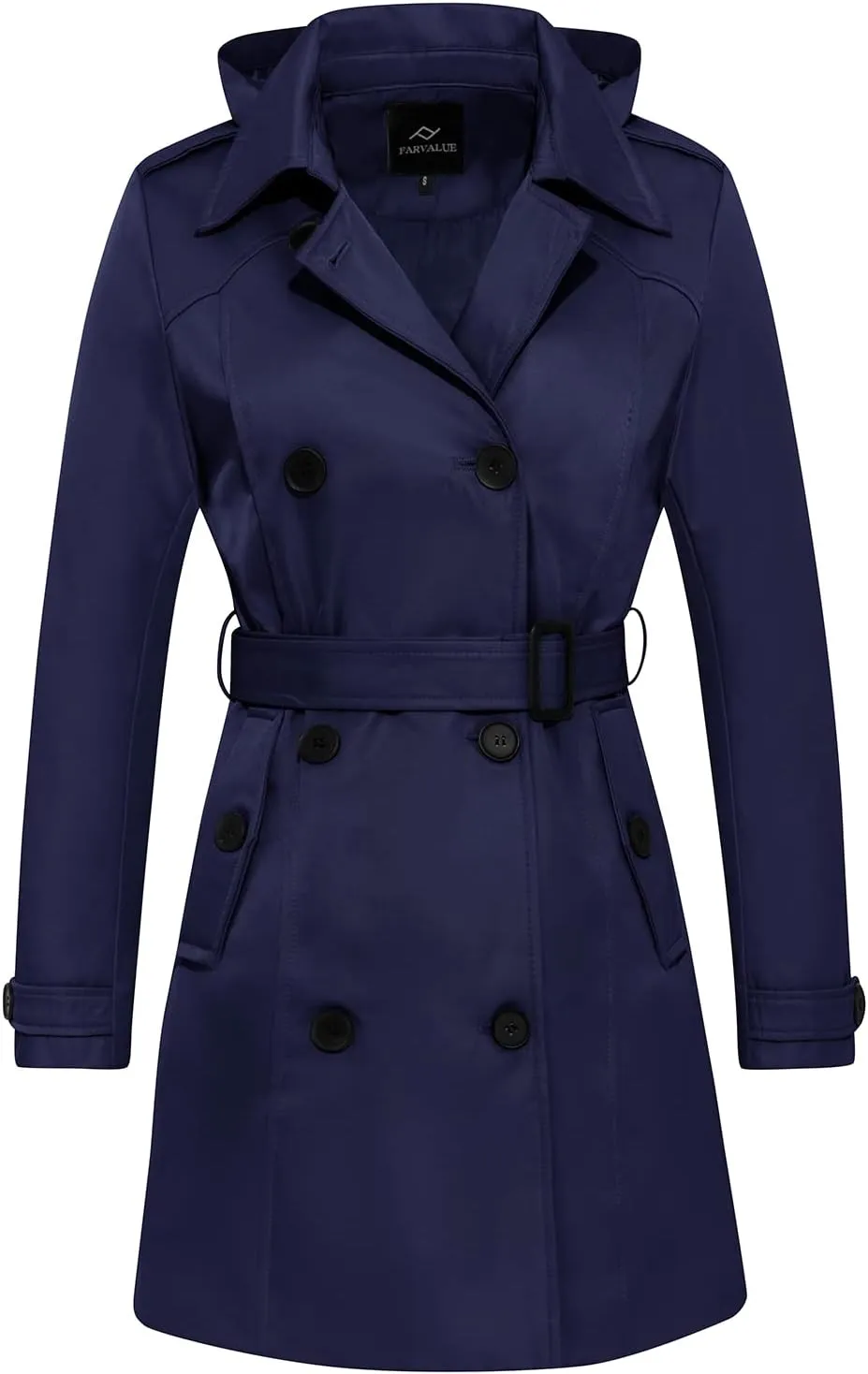 FARVALUE Women's Waterproof Trench Coat Double Breasted Windbreaker Classic Belted Lapel Overcoat with Removable Hood