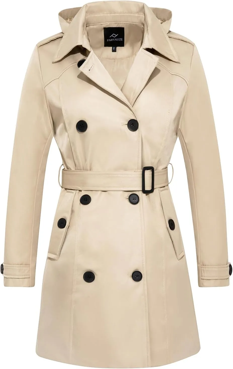 FARVALUE Women's Waterproof Trench Coat Double Breasted Windbreaker Classic Belted Lapel Overcoat with Removable Hood
