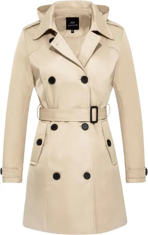 FARVALUE Women's Waterproof Trench Coat Double Breasted Windbreaker Classic Belted Lapel Overcoat with Removable Hood