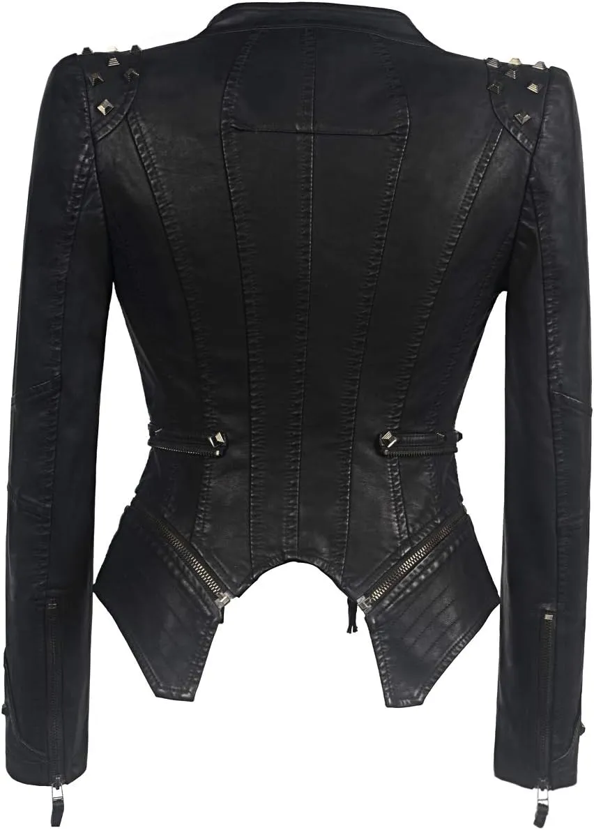 Fashion SX Womens Rivet Faux Leather Jacket Zipper Moto Biker Denim coat Motorcycle Outwear