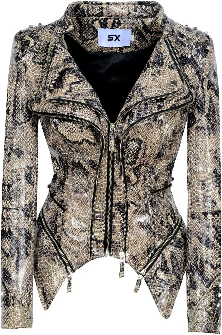 Fashion SX Womens Rivet Faux Leather Jacket Zipper Moto Biker Denim coat Motorcycle Outwear