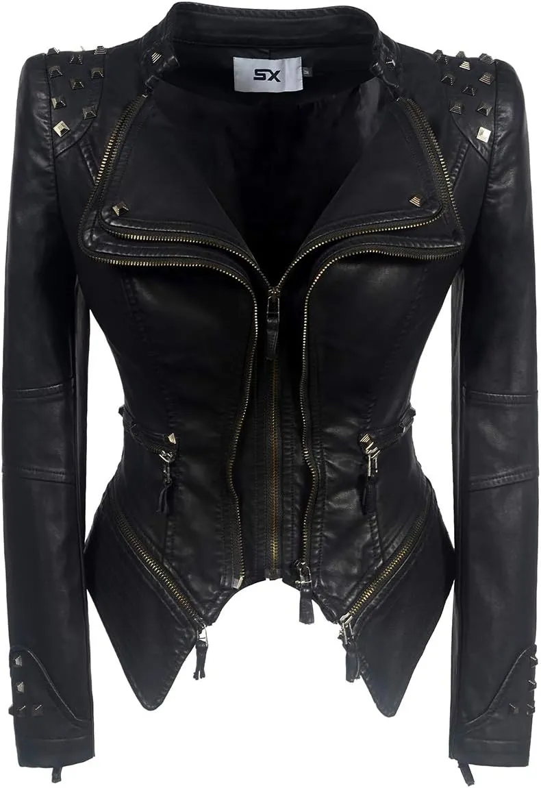 Fashion SX Womens Rivet Faux Leather Jacket Zipper Moto Biker Denim coat Motorcycle Outwear