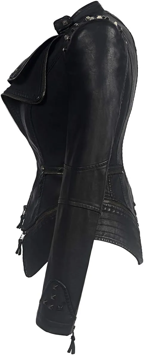 Fashion SX Womens Rivet Faux Leather Jacket Zipper Moto Biker Denim coat Motorcycle Outwear