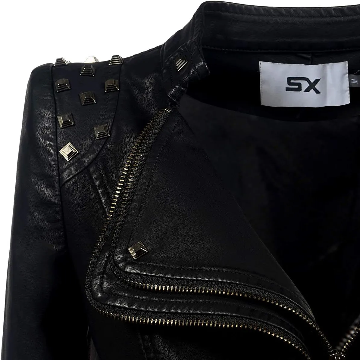 Fashion SX Womens Rivet Faux Leather Jacket Zipper Moto Biker Denim coat Motorcycle Outwear