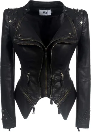 Fashion SX Womens Rivet Faux Leather Jacket Zipper Moto Biker Denim coat Motorcycle Outwear