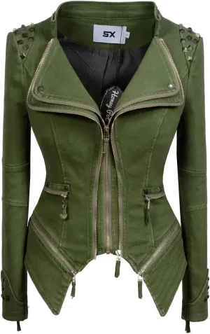Fashion SX Womens Rivet Faux Leather Jacket Zipper Moto Biker Denim coat Motorcycle Outwear