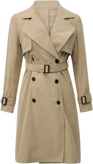 FEORJGP Women Casual Long Trench Coat Jacket Lapel Double Breasted Slim Coat Long Sleeve Overcoat with Belt Windproof Outwear