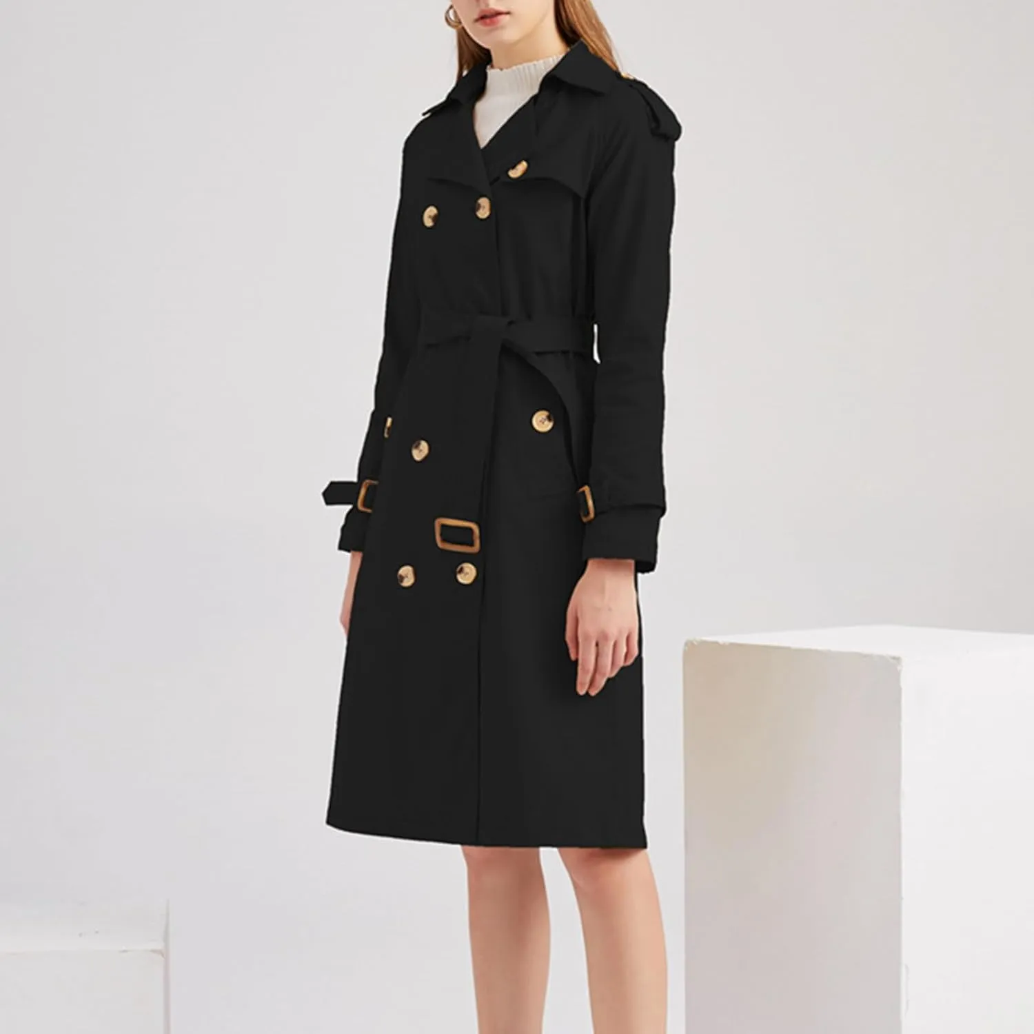 FEORJGP Women Casual Long Trench Coat Jacket Lapel Double Breasted Slim Coat Long Sleeve Overcoat with Belt Windproof Outwear