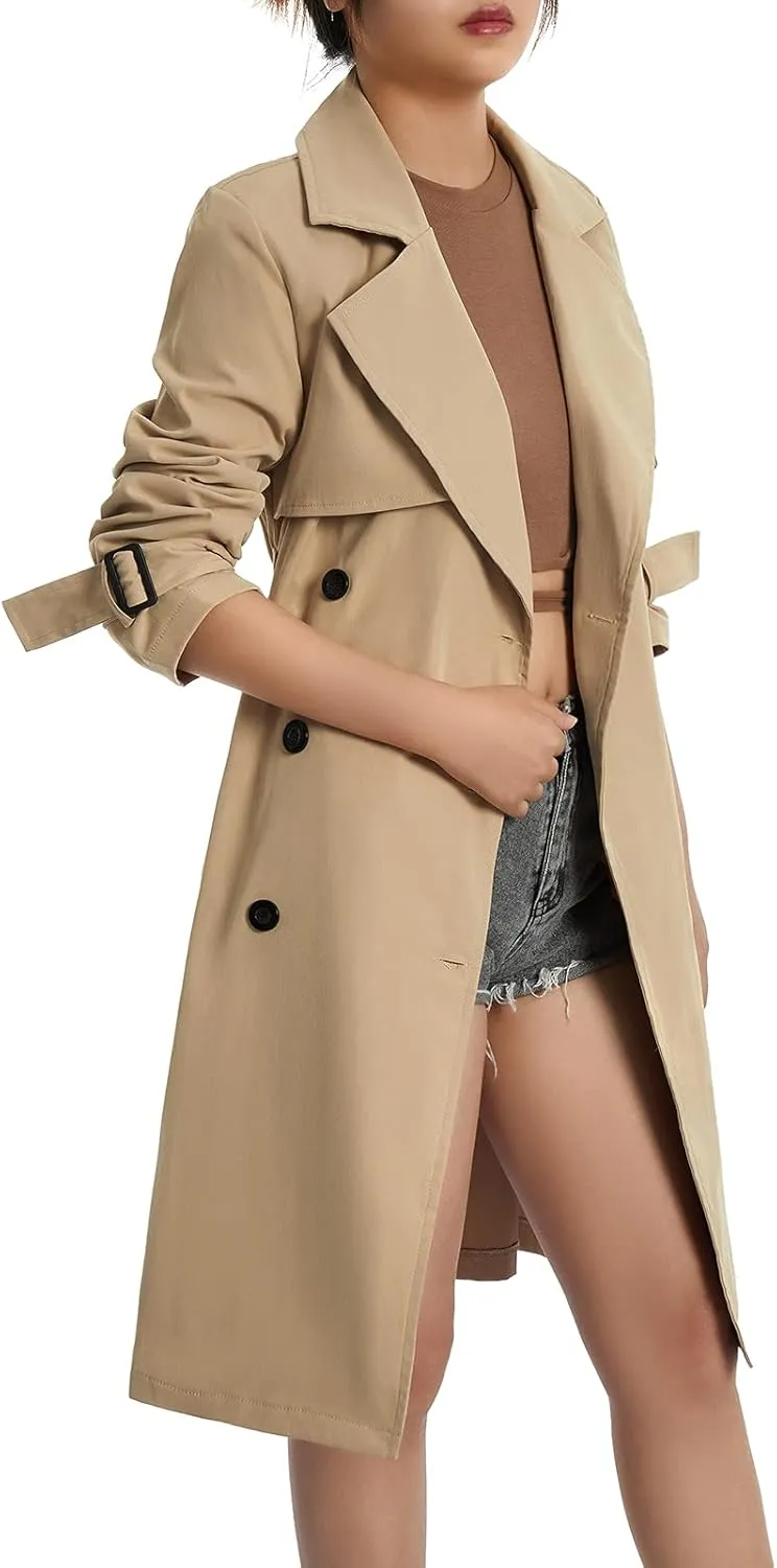 FEORJGP Women Casual Long Trench Coat Jacket Lapel Double Breasted Slim Coat Long Sleeve Overcoat with Belt Windproof Outwear