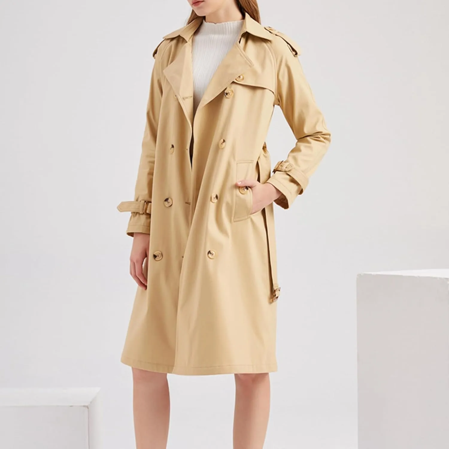 FEORJGP Women Casual Long Trench Coat Jacket Lapel Double Breasted Slim Coat Long Sleeve Overcoat with Belt Windproof Outwear